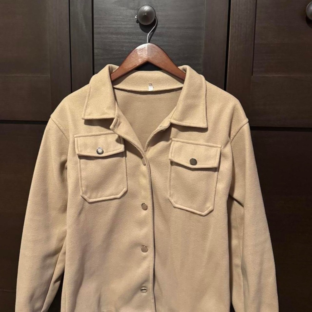 Womens Tan Fleece Shacket Jacket Chest Pockets Size L
